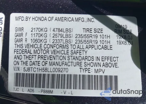 2020 Acura Rdx Technology Package z USA, uszkodzony, nr VIN 5J8TC1H58LL009270